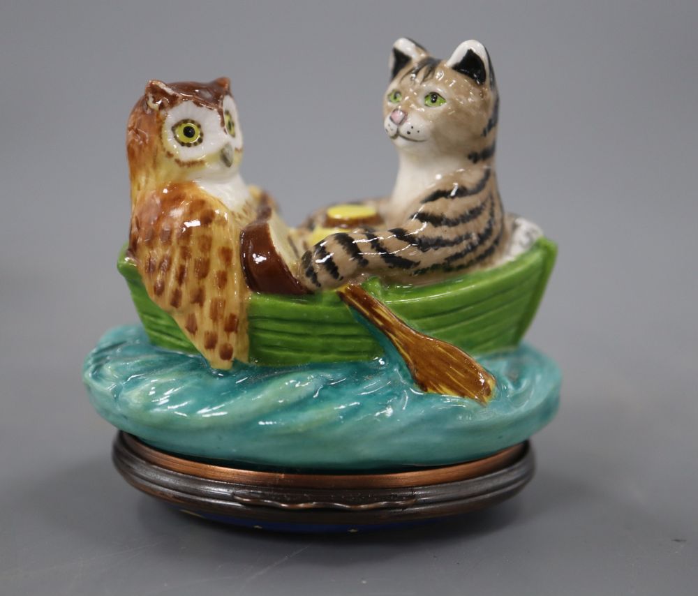 A Halcyon days enamel The owl and The Pussycat snuff box